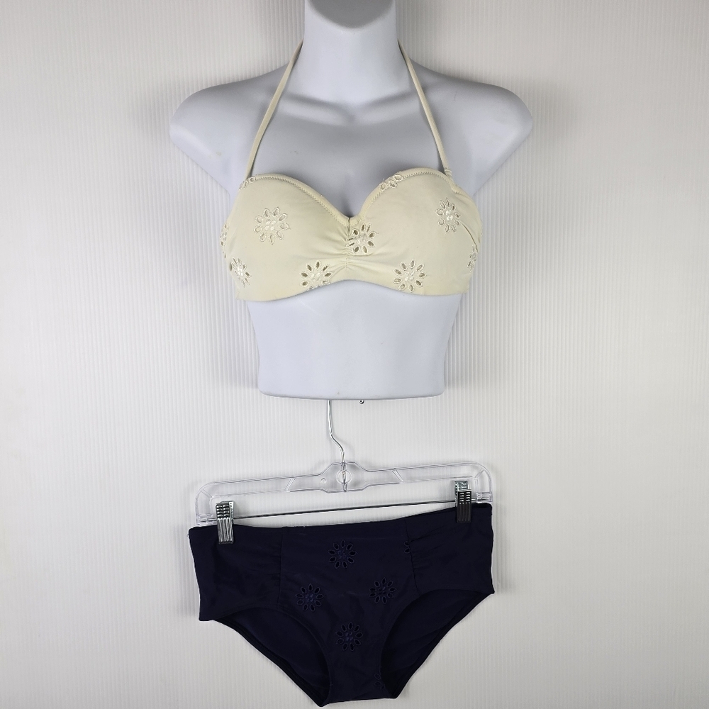 Aerie Women's Eyelet Navy and Cream 2 Piece Bikini Top-32B Bottom-S/P Tie Neck